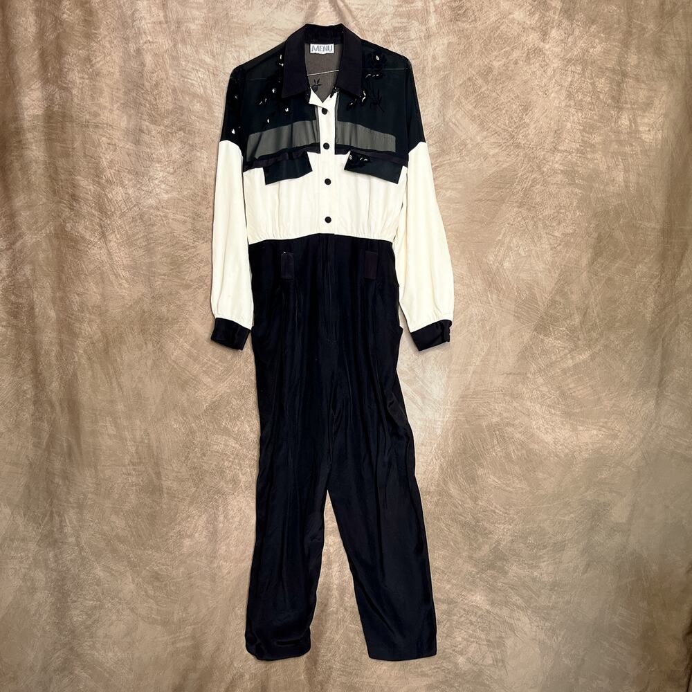Vintage Menu Western Jumpsuit Black Cream Floral Glitter Sheer Pantsuit Disco